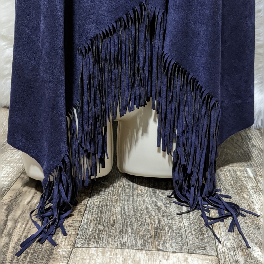 Women's INC International Concepts Navy Blue Faux Suede Fringe Vest - Picture 3 of 6